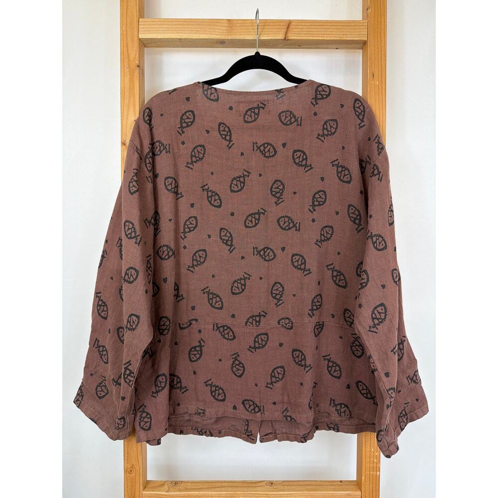 Vintage NWT Timbuktu Station Brown Fish Pattern Linen Button Up Top Size XL - Picture 6 of 8